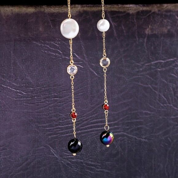 Pearl Crystal Rhinestone Gold Drop Dangle Earrings - Picture 11 of 12